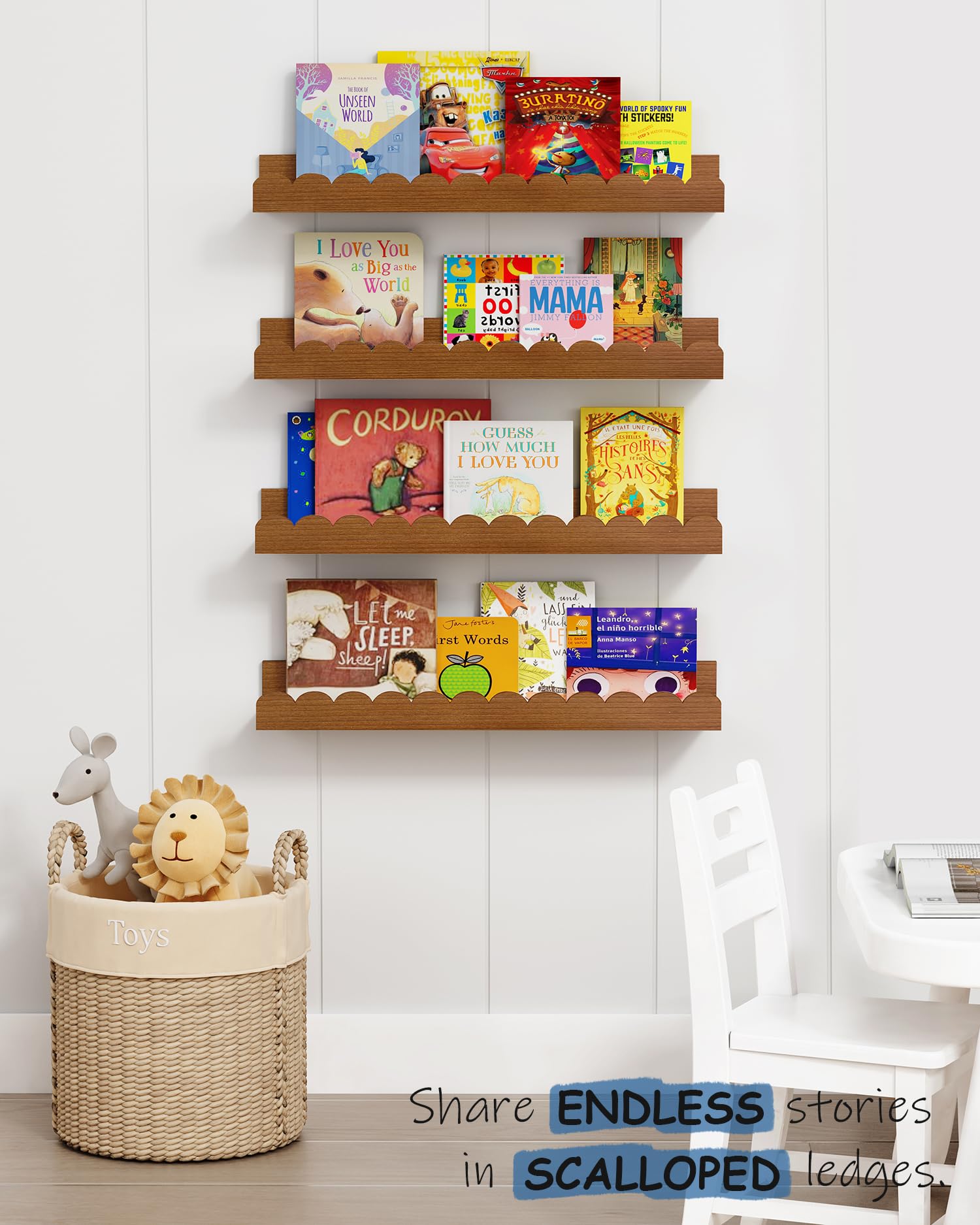 Harwaya Walnut Nursery Book Shelves Wall Set of 4, Dark Wood